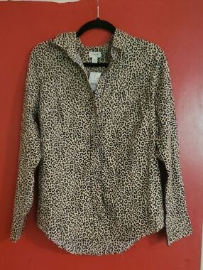 J. Crew Leopard Print Button-Down Shirt in Tan and Black 100% Cotton Lightweight
